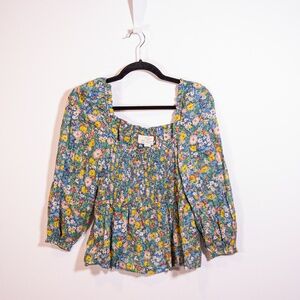 Trovata Birds Of Paradis Alize Cotton Floral Flower Print Smocked Blouse Shirt M